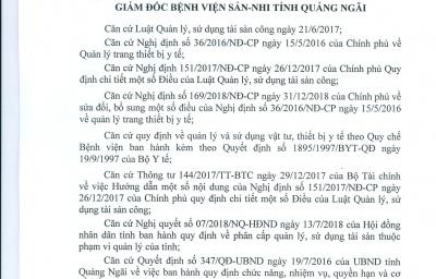 QUYẾT ĐỊNH V/V BAN HÀNH QUY ĐỊNH QUẢN LÝ TÀI SẢN, VẬT TƯ TRANG THIẾT BỊ BỆNH VIỆN